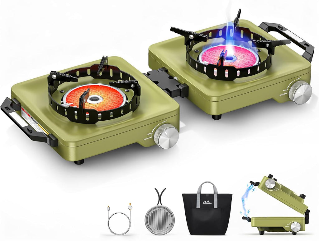 Propane Camping Stove 2 Burner, 36,000 BTU Infrared & Open Flame Hybrid, Windproof Folding Portable Outdoor Gas