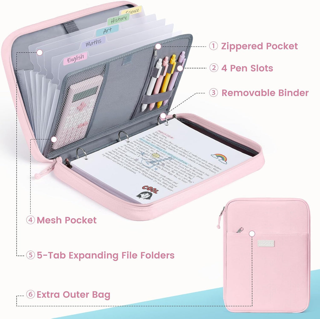 Zipper Binder Bag, 1 Inch Binders 3 Ring O-Ring, 5-Tab Divider Folder | Expanding File Folder, 500-Sheet Capacity