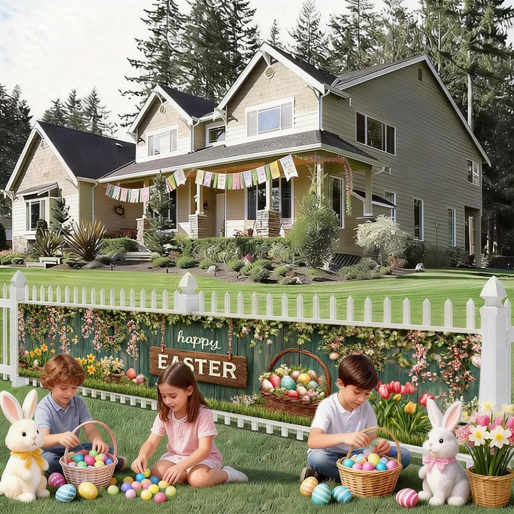 Easter Banner 78.74 x 17.72 Inch Rustic Wood Background with Hanging Floral Garlands Spring Flowers Decorative Eggs