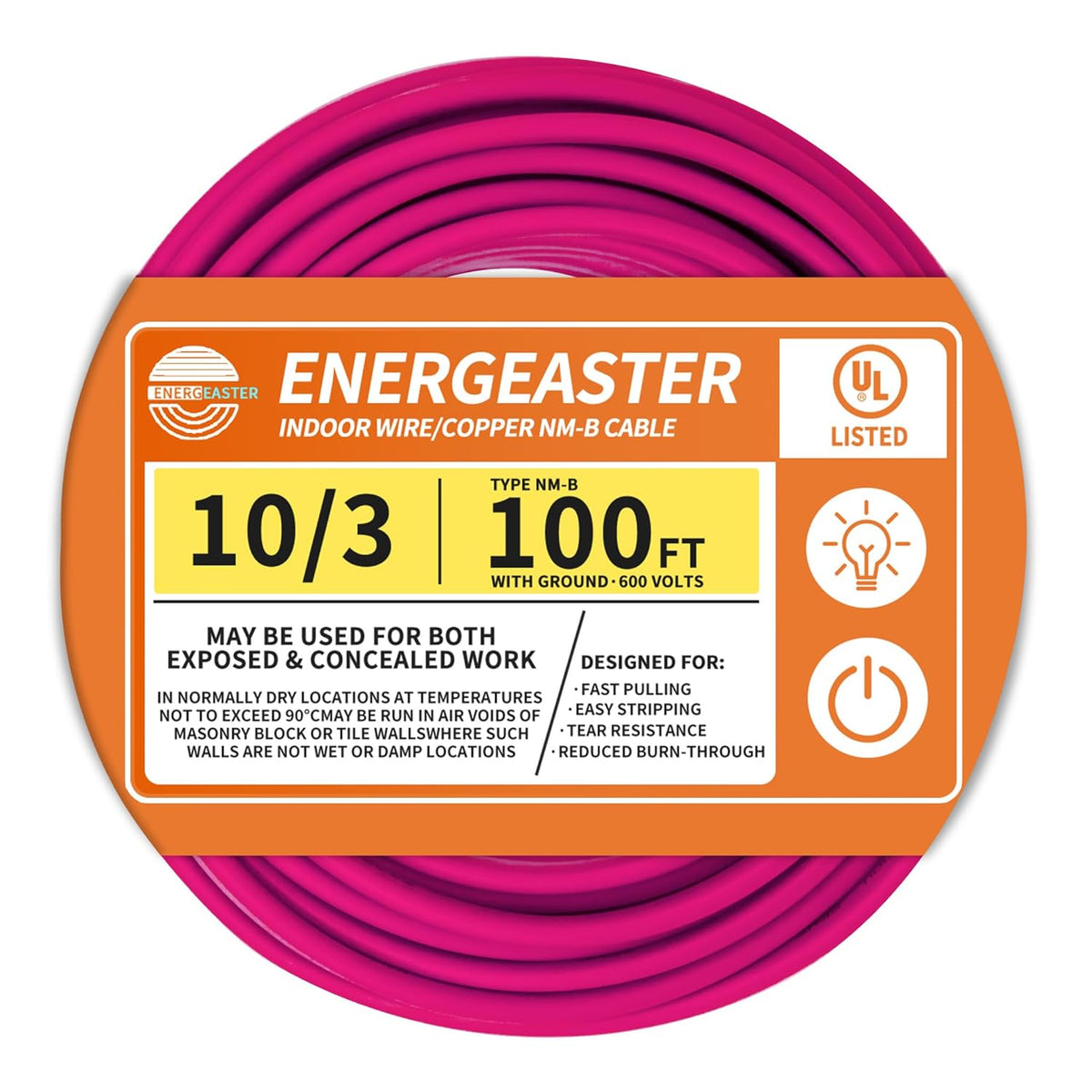 Energeaster Solid Indoor 10/3 NM-B Copper Cable with Ground 100FT, Pink