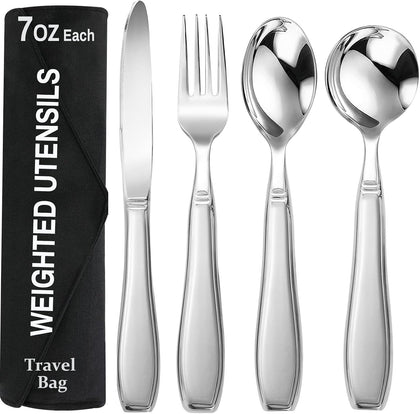 Weighted Utensils for Hand Tremors and Parkinson's Patients - 4 Piece Set of Heavy Stainless Steel Silverware for