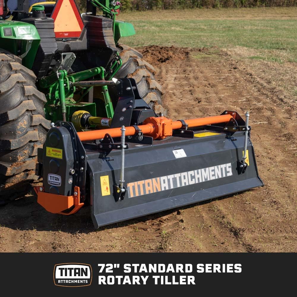 3 Point 72" Rotary Tiller Attachment Fits Cat 1 Tractors, Charcoal Finish, Single Speed PTO Driven Cultivator with a