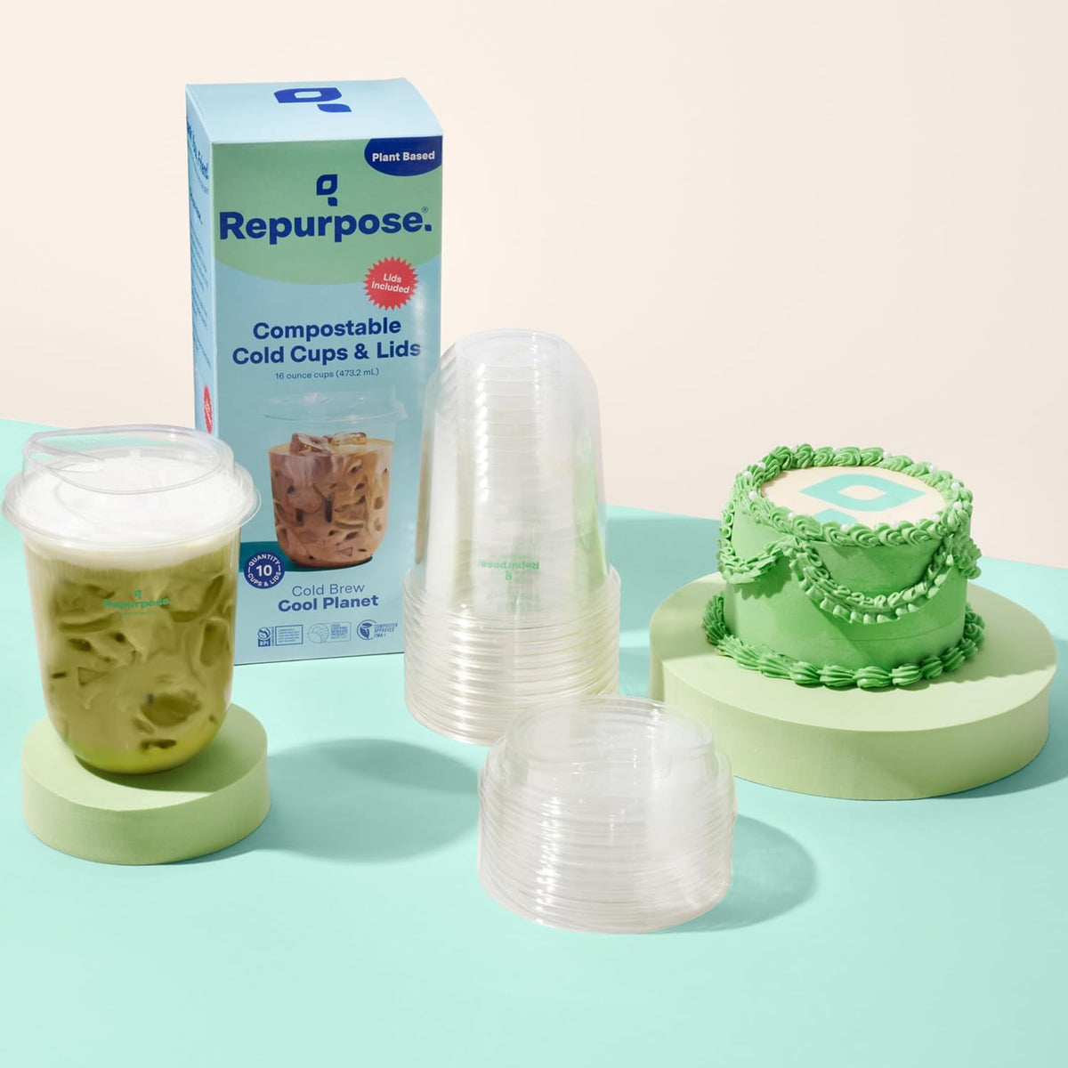 Repurpose 16 oz Compostable Cups with Secure-Fit Lids, 60 Pack - Plant-Based, Lightweight & Durable, BPA Free, No