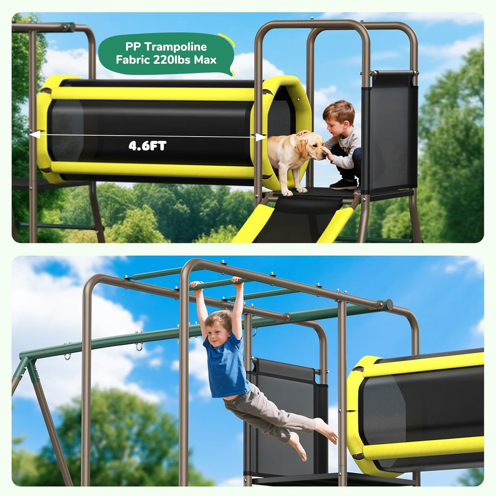660lbs Swing Set with Slide,Crawl Tunnel and Monkey Bars for Backyard,5 in 1 Metal Swingset Outdoor for Kids Aged
