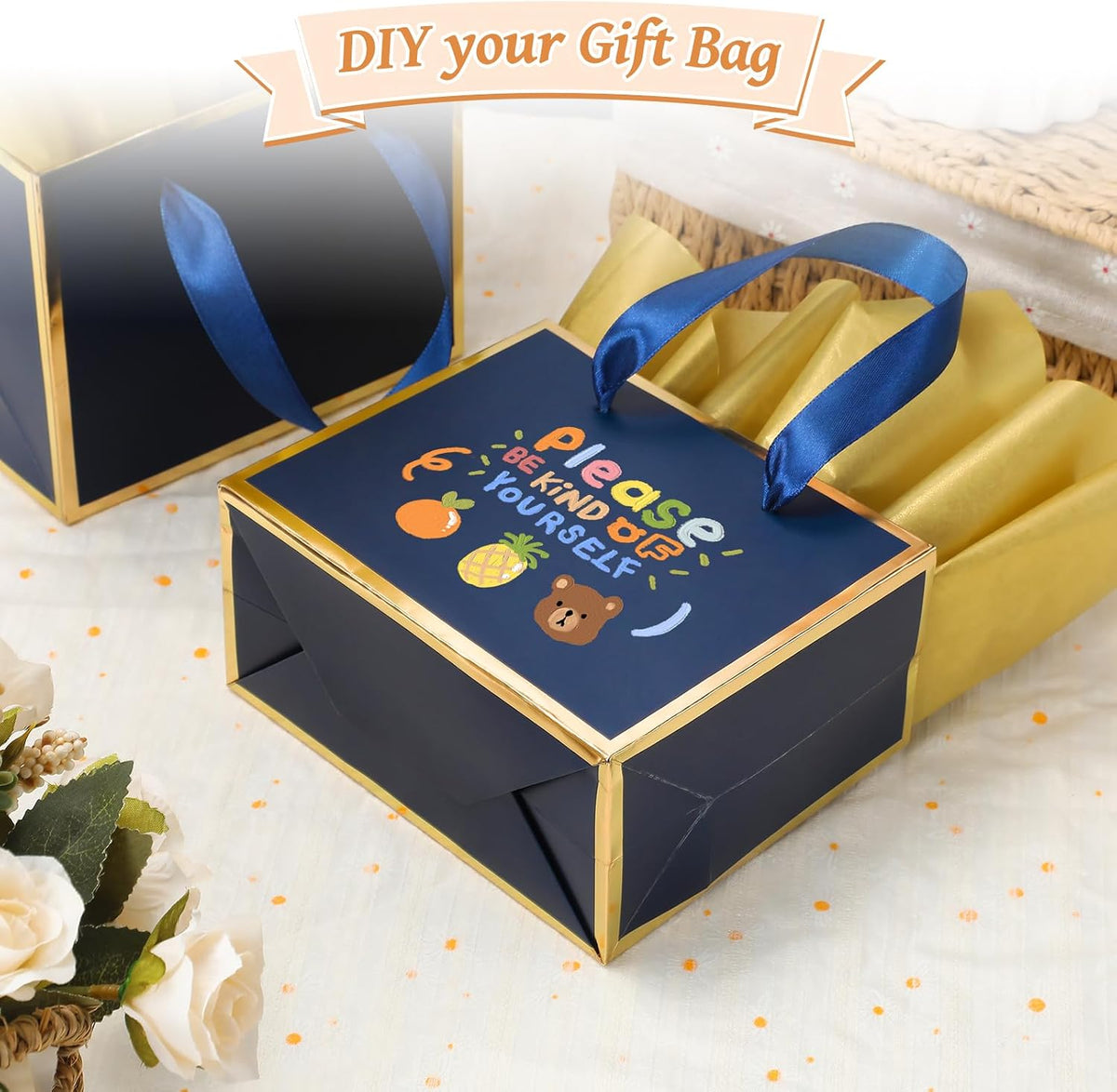 50 Pcs Metallic Paper Small Gift Bags with Handles & Tissue Paper