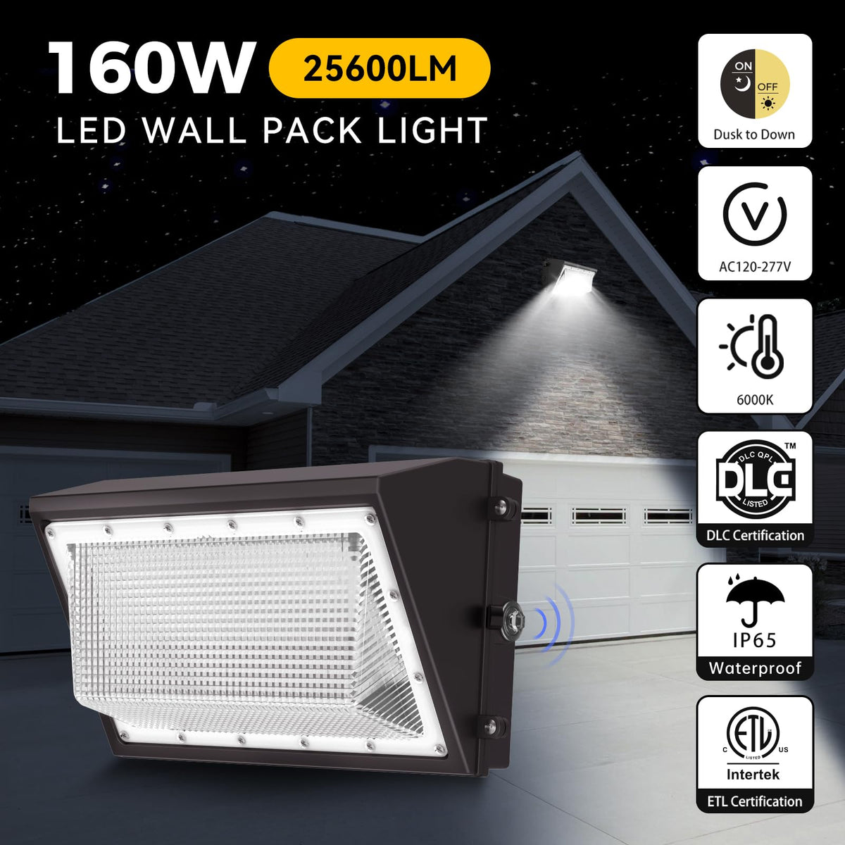 160W LED Wall Pack Light, 25600LM 6000K Dusk to Dawn Sensor, 2Pack