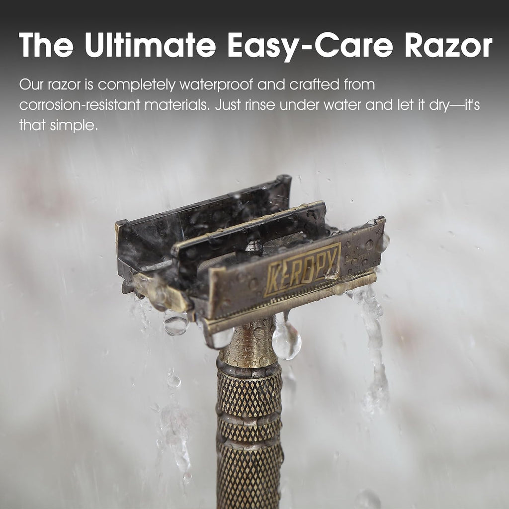 K eropy Butterfly Open Safety Razor for Men, Bronze | 10 razor blades, long handle, Pressure-free Close shave