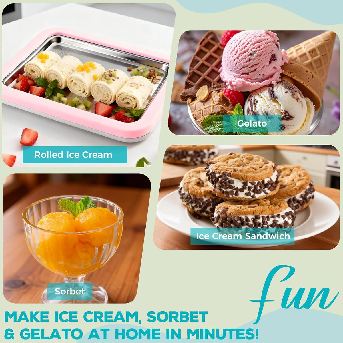 Rolled Ice Cream Maker with Quick Start Guide - DIY Instant Ice Cream Tray Kit, Includes 2 Scrapers for Manual