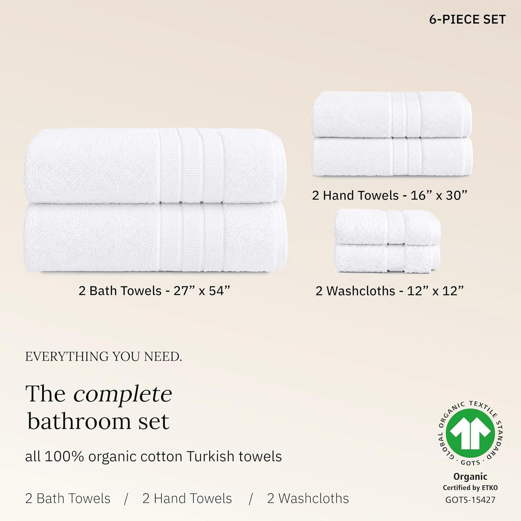 Organic Cotton 6 Pc Bath Towel Set, Bright White | 100% Organic Turkish Cotton, 6-Pc Set: 2 Bath, 2 Hand Towels, 2