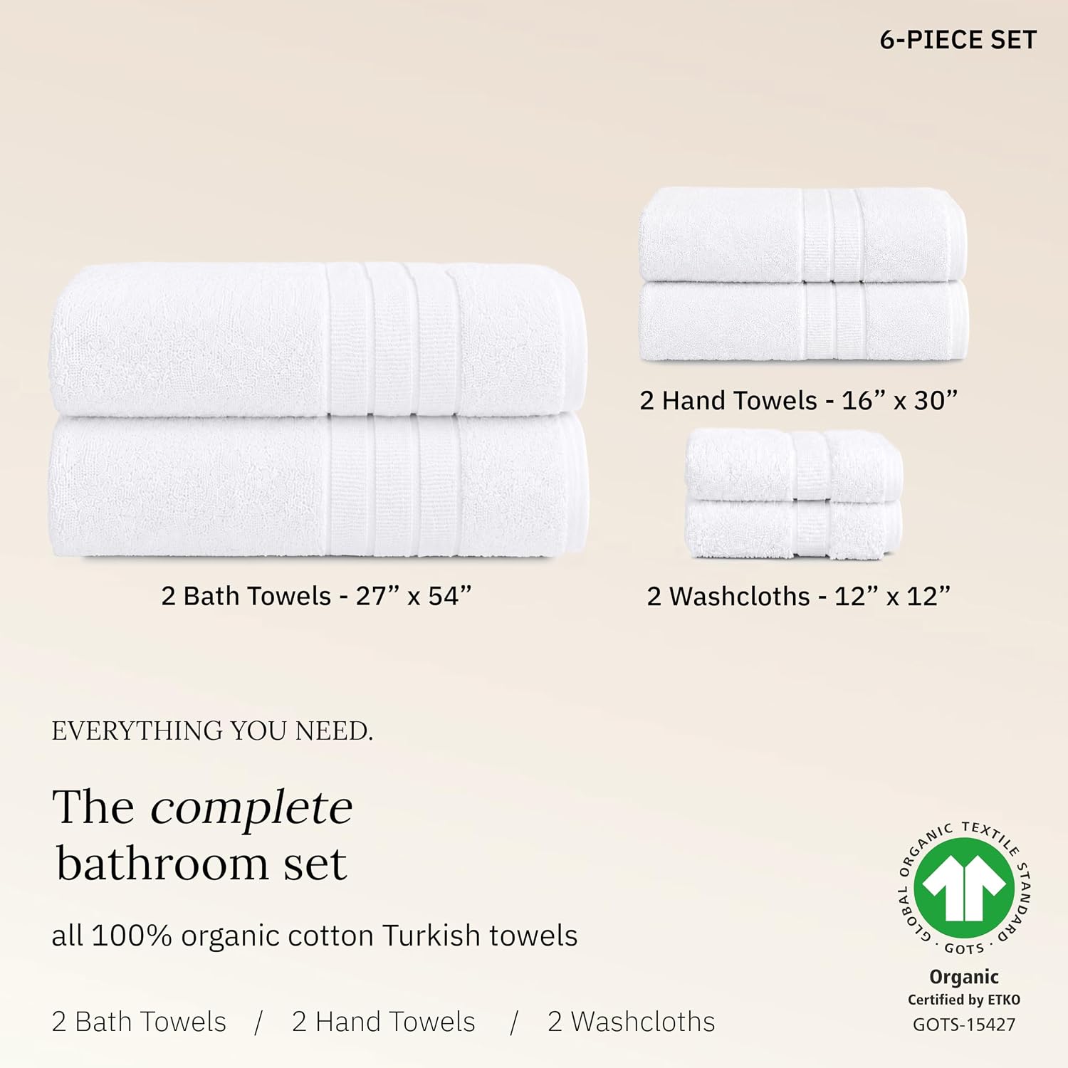 Organic Cotton 6 Pc Bath Towel Set, Bright White | 100% Organic Turkish Cotton, 6-Pc Set: 2 Bath, 2 Hand Towels, 2