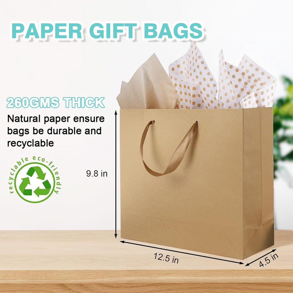12.5" Large Brown Gift Bags for Presents with Tissue Paper & Ribbon Handles for Shopping, Small Business, Birthday