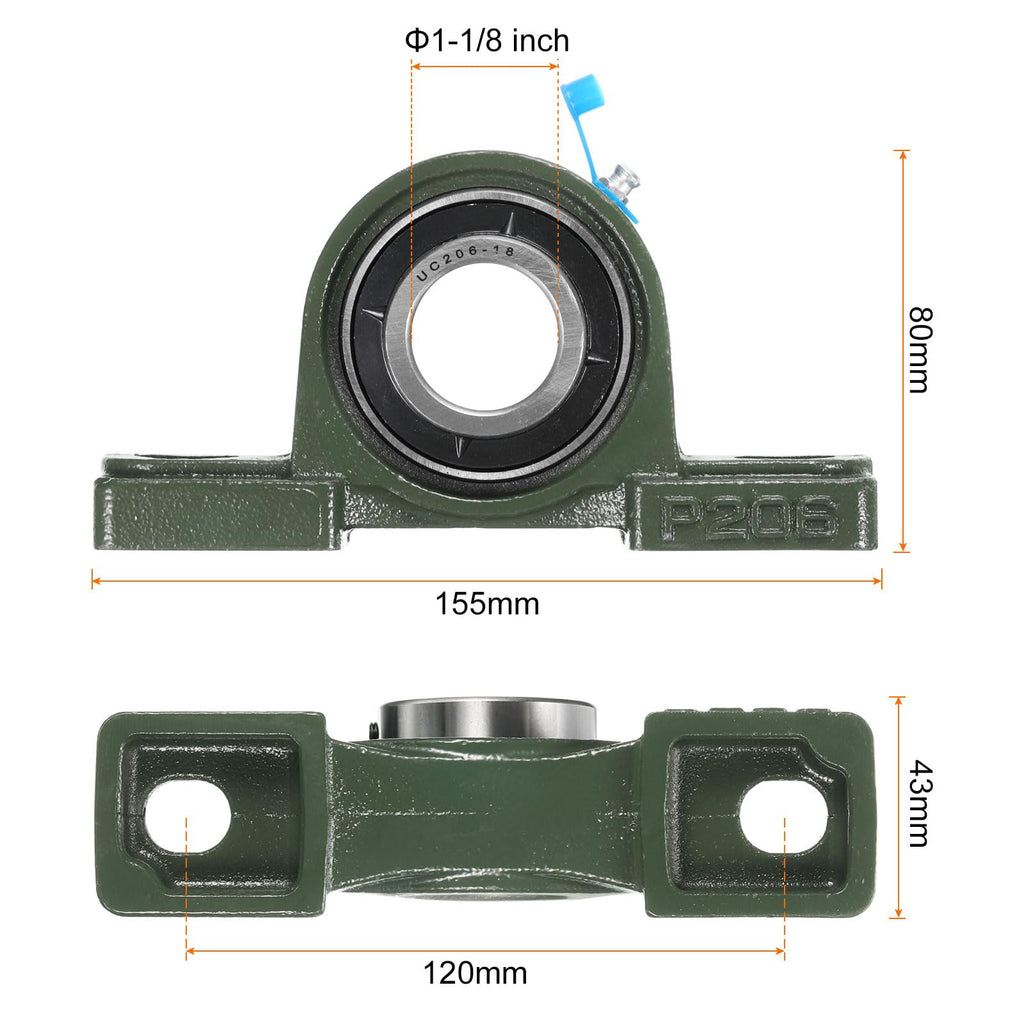uxcell 2pcs UCP206-18 Pillow Block Bearings 1-1/8 inch Bore Self Alignment, Solid Cast Iron Base Mounted Chrome Steel Bearings