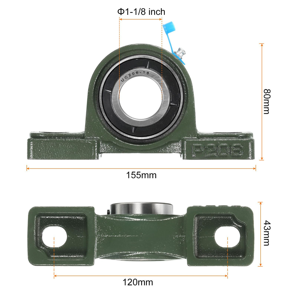 uxcell 2pcs UCP206-18 Pillow Block Bearings 1-1/8 inch Bore Self Alignment, Solid Cast Iron Base Mounted Chrome Steel Bearings
