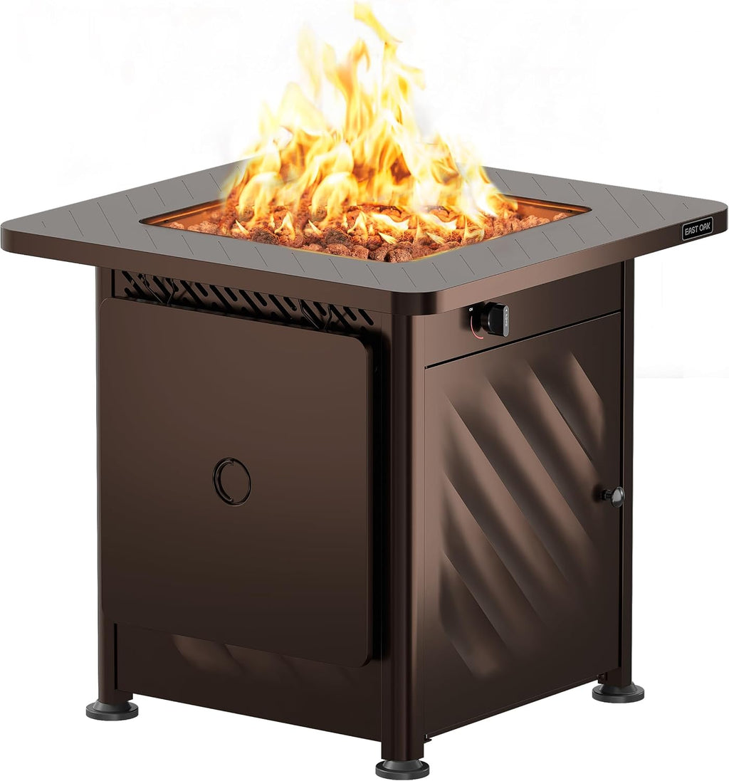 28” Outdoor Propane Fire Pit Table | 52,000 BTU Gas Fire Pit for 2-4 People with Space-Saving Hock Lid, Mesh Pocket &