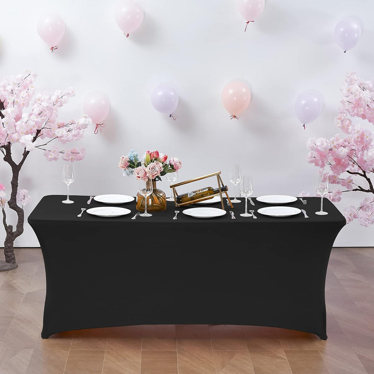 6FT Stretch Spandex Fitted Tablecloth,Rectangular Table Cover,Black