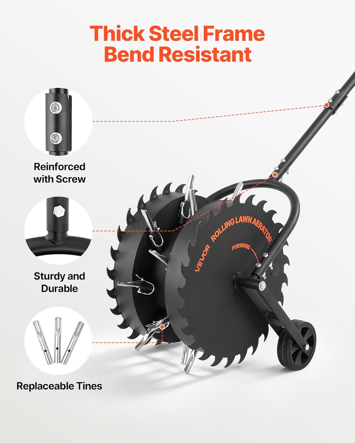 Rolling Lawn Core Aerator, 16.6 in Coring Aerator Roller with Anti-Clog Tines, Heavy Duty & Rust-Resistant, Yard