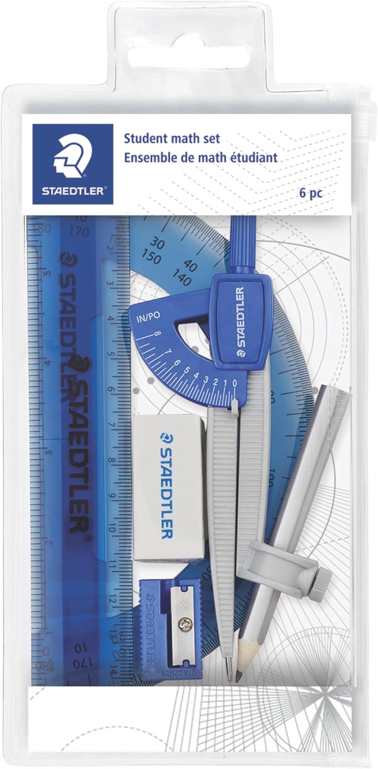 Student Math Set - Essential School Supplies with 6-Piece - Compass, 6in Ruler, 180° Protractor, Pencil, Eraser &