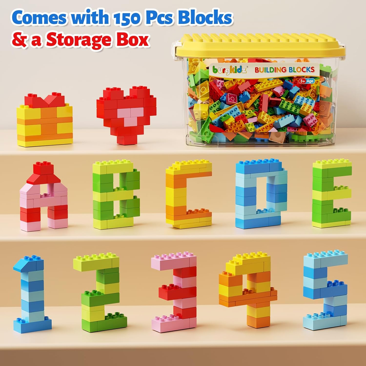 150PCS Jumbo Building Blocks with Clear Storage Box & Baseplate Lid - STEM Educational Toys for Toddlers 3+ Years