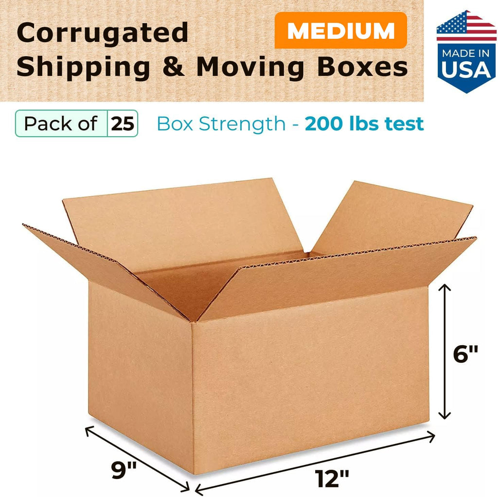 Medium Moving & Shipping Boxes 12"L x 9"W x 6"H (25-Pack) - Extra Strength 200 lb vs Regular - Corrugated Packing