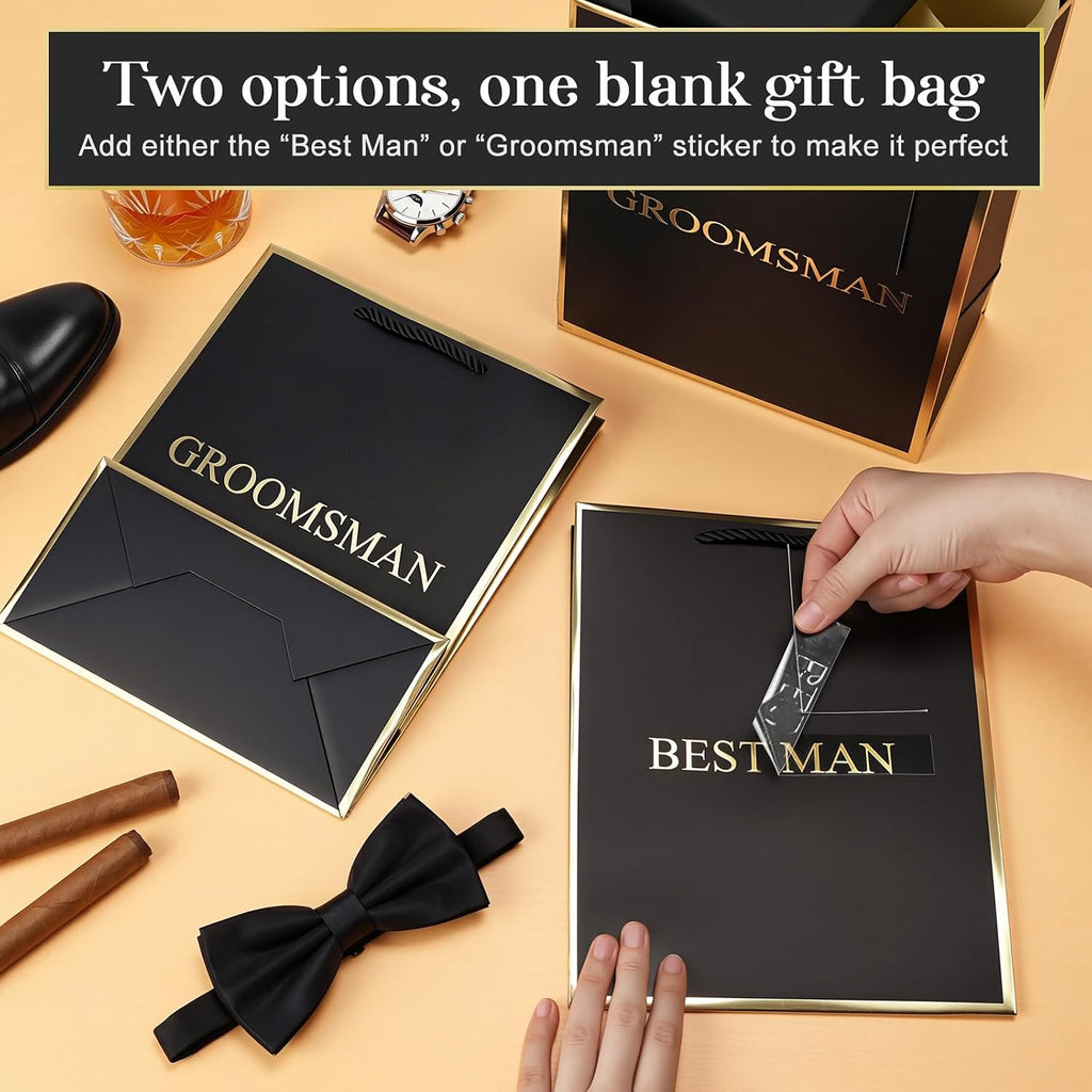 6 Pack Groomsmen Gift Bags with Tissue Paper, Medium, Black Gold