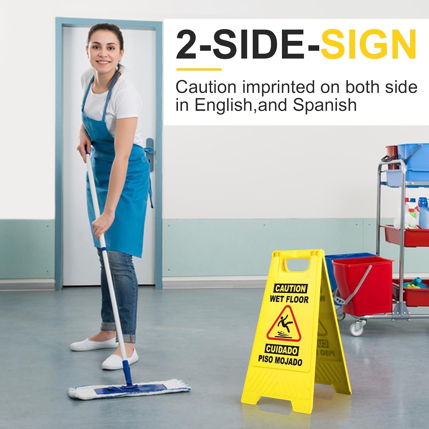 1 Pack 17.5 IN Caution Wet Floor Sign Bilingual Foldable Safety Sign | Safety Warning Signs Wet Floor Sign Commercial