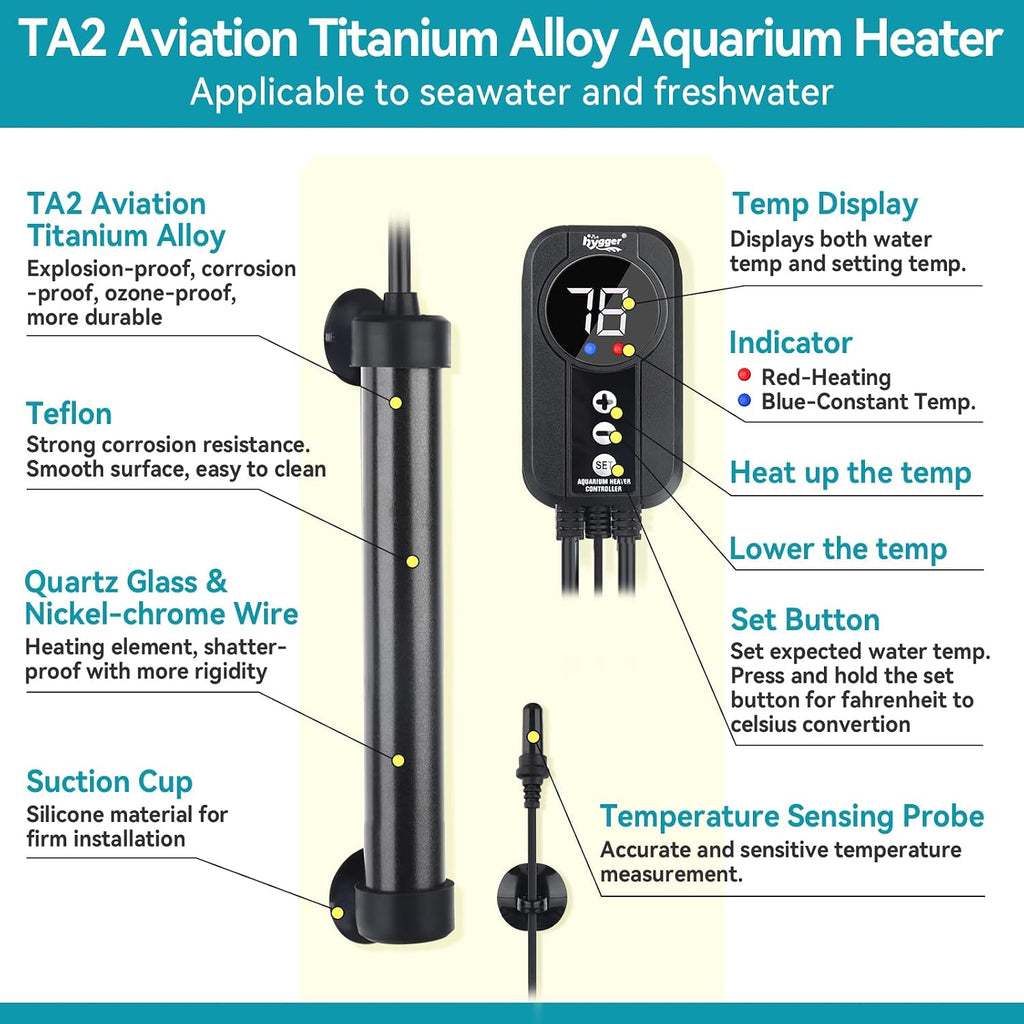 Marine Aquarium Heater 100W,Titanium Heater with Digital LED Controller & Temperature Probe,Submersible Fish Tank