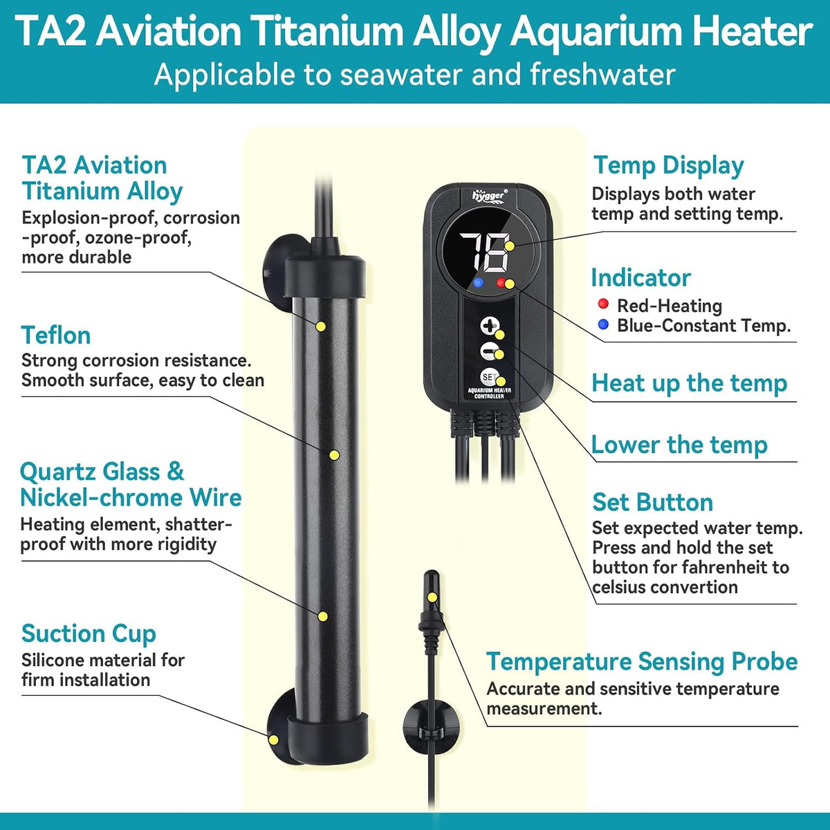 Marine Aquarium Heater 100W,Titanium Heater with Digital LED Controller & Temperature Probe,Submersible Fish Tank