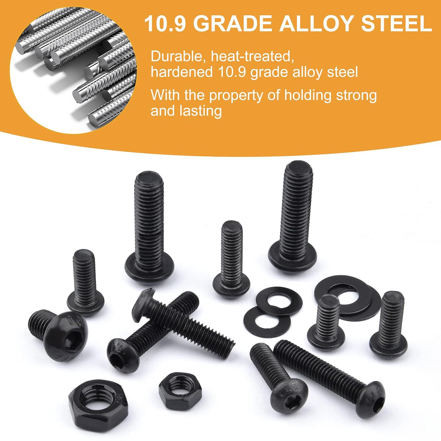 288PCS M6 M8 Button Head Hex Socket Cap Screws Bolts Nuts Washer Assortment Kit, 10.9 Grade Alloy Steel Black Oxide