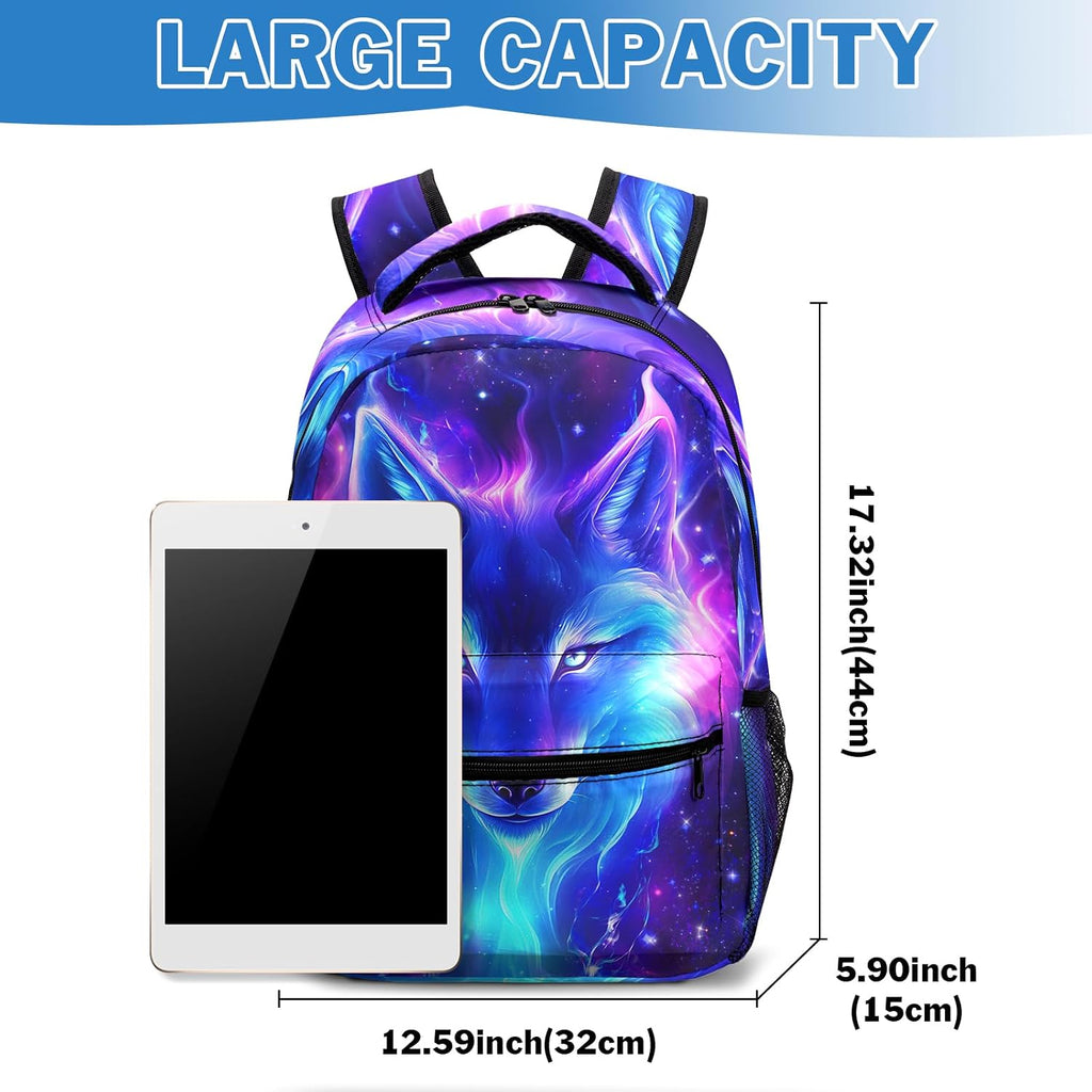 Wolf Galaxy Backpack for Boys Girls Cool Starry Sky Wolf Kids Bookbag Blue Purple Animal Print School Bag Lightweight