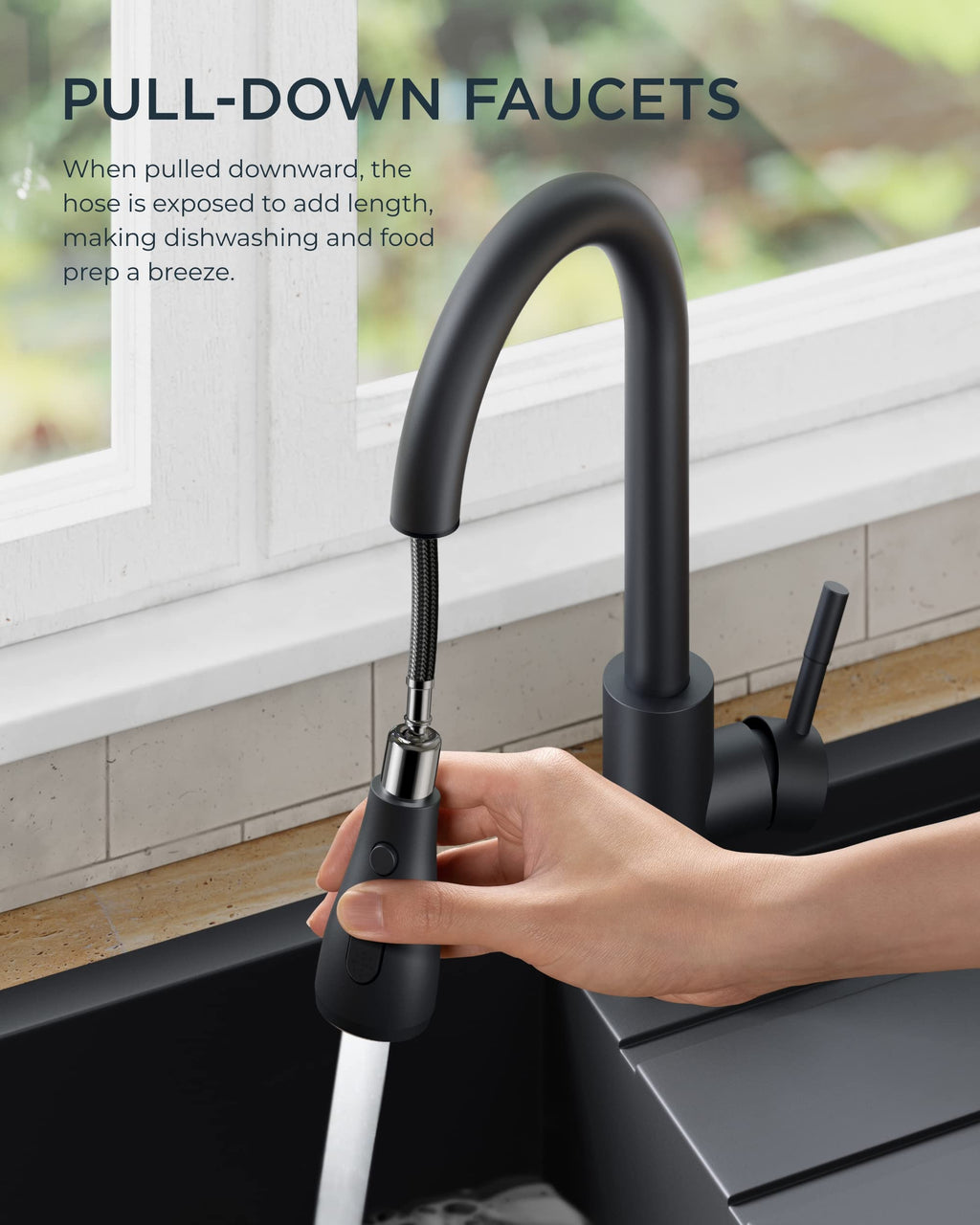 FORIOUS Black Kitchen Faucet with Pull Down Sprayer, Stainless Steel