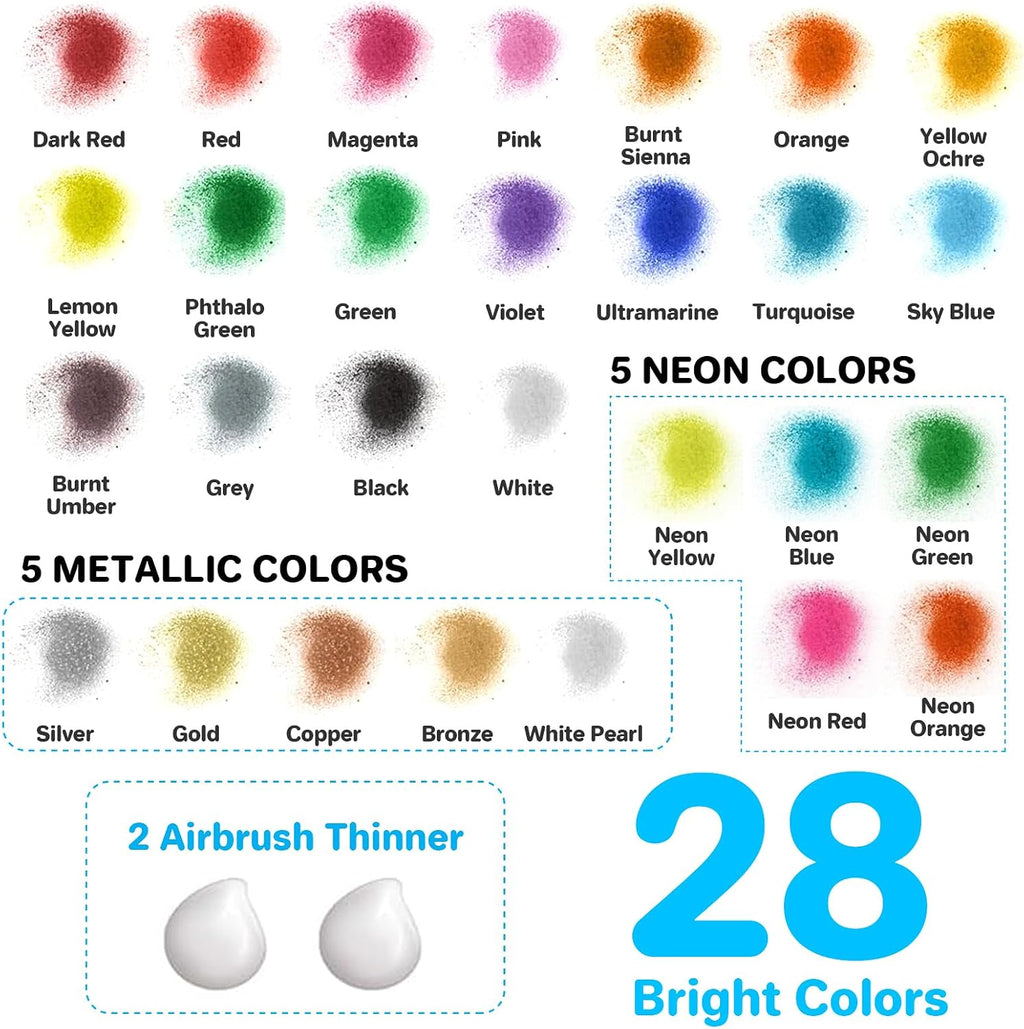 Airbrush Paint Set, 28 Colors x 1 oz with 2 Thinners, Ready Spray | Non-Toxic, Water-based acrylic formula, smooth