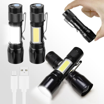 4 Pack Rechargeable Flashlights Zoomable mini Small Bright Clip-On Light EDC Flash Light with Side COB Light for
