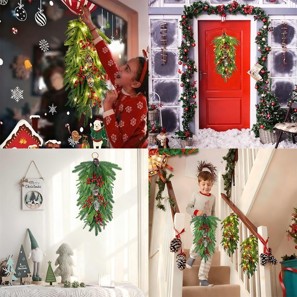 2025 Upgraded 26inch Christmas Swag with Lights Lush Norfolk Pine Teardrop Swags Christmas Wreaths with Lights