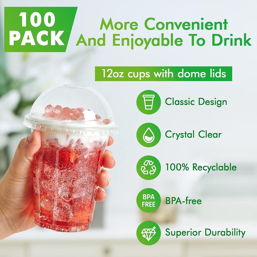 100 Sets 12 oz Clear Plastic Cups With Dome Lids