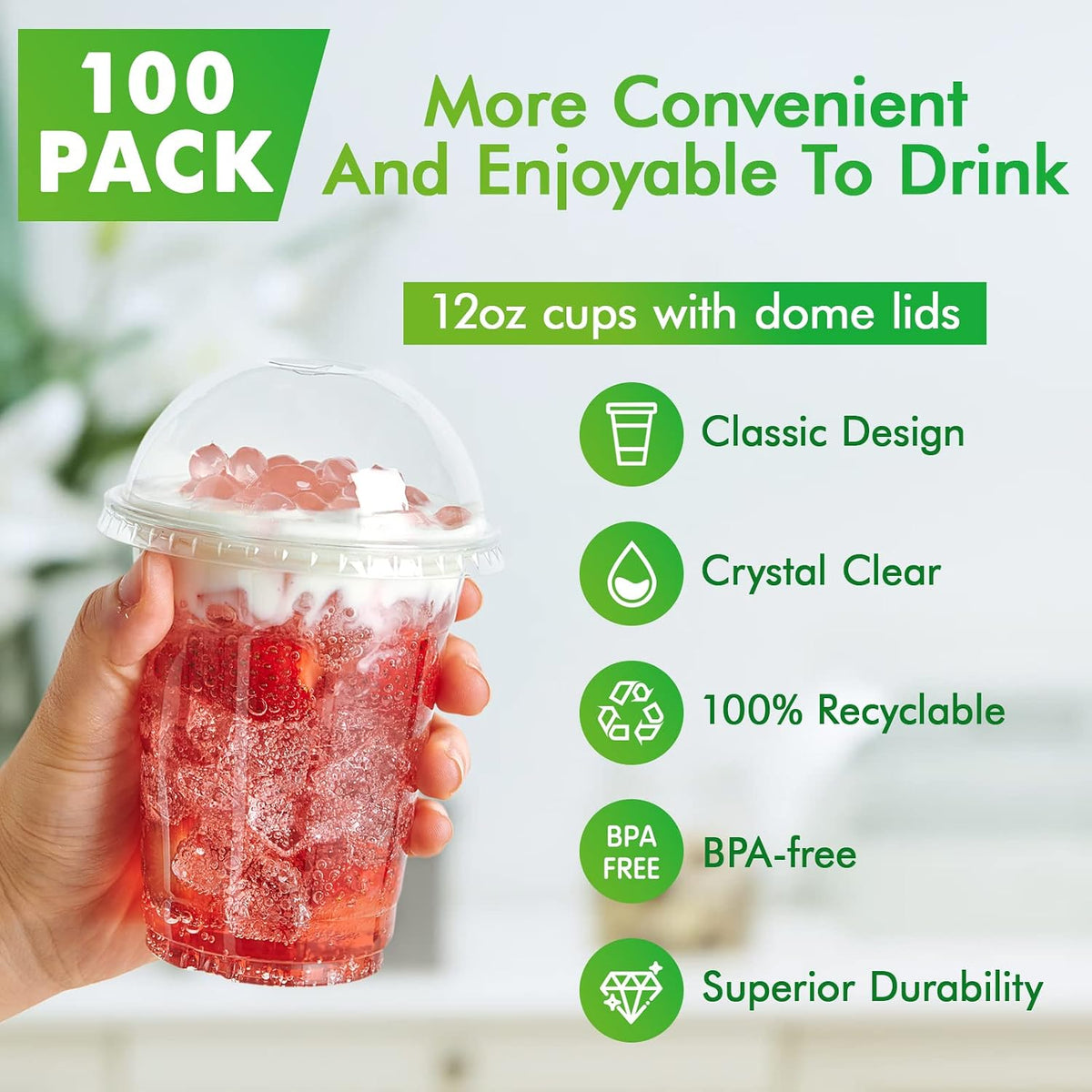 100 Sets 12 oz Clear Plastic Cups With Dome Lids