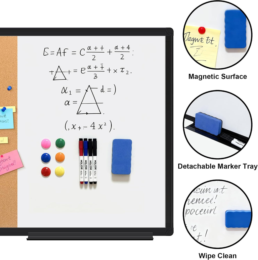 Cork Board White Board Combo, 36" X 24" Magnetic Whiteboard Bulletin Combination Board, Black Aluminum Frame Vision