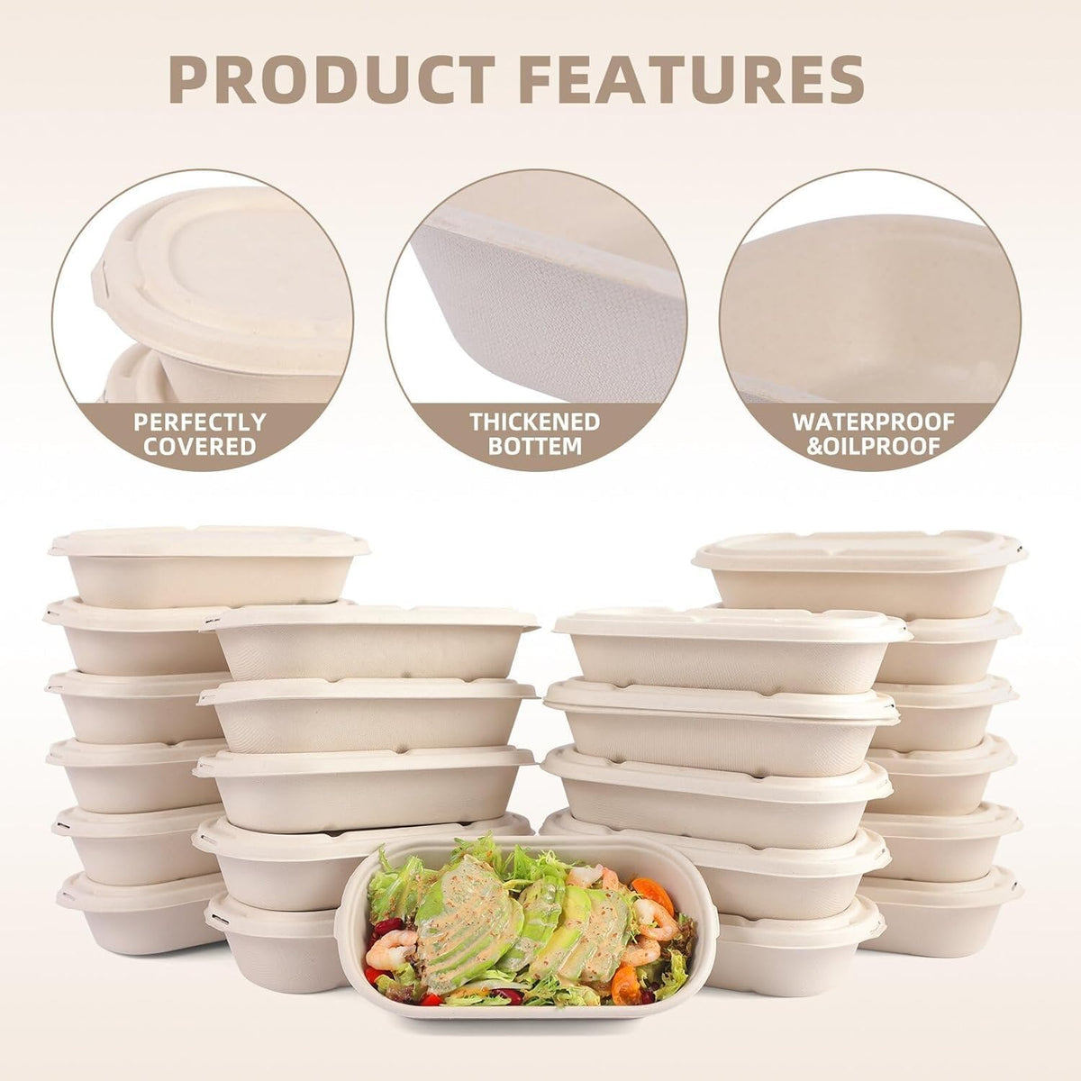 50Pcs(24oz) disposable meal prep food containers with lids.
