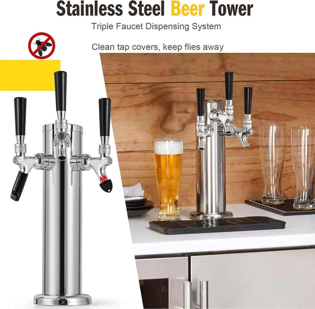 3 Tap Beer Tower, Self-Closing Draft Beer Tap Tower Dispenser Kit