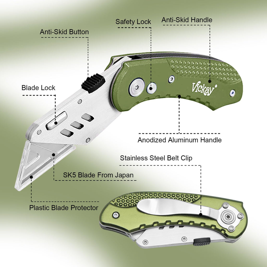 Folding Utility Knife, Heavy Duty Box Cutter, Razor Knife-OliveGreen
