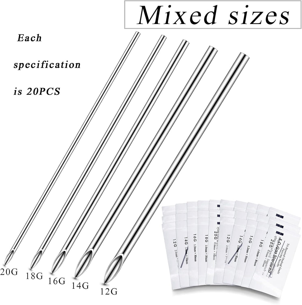100 Pcs Ear Nose Body Piercing Needles Mix Size 12G 14G 16G 18G 20G Stainless Steel Piercing Jewelry Kit and 1 Pcs