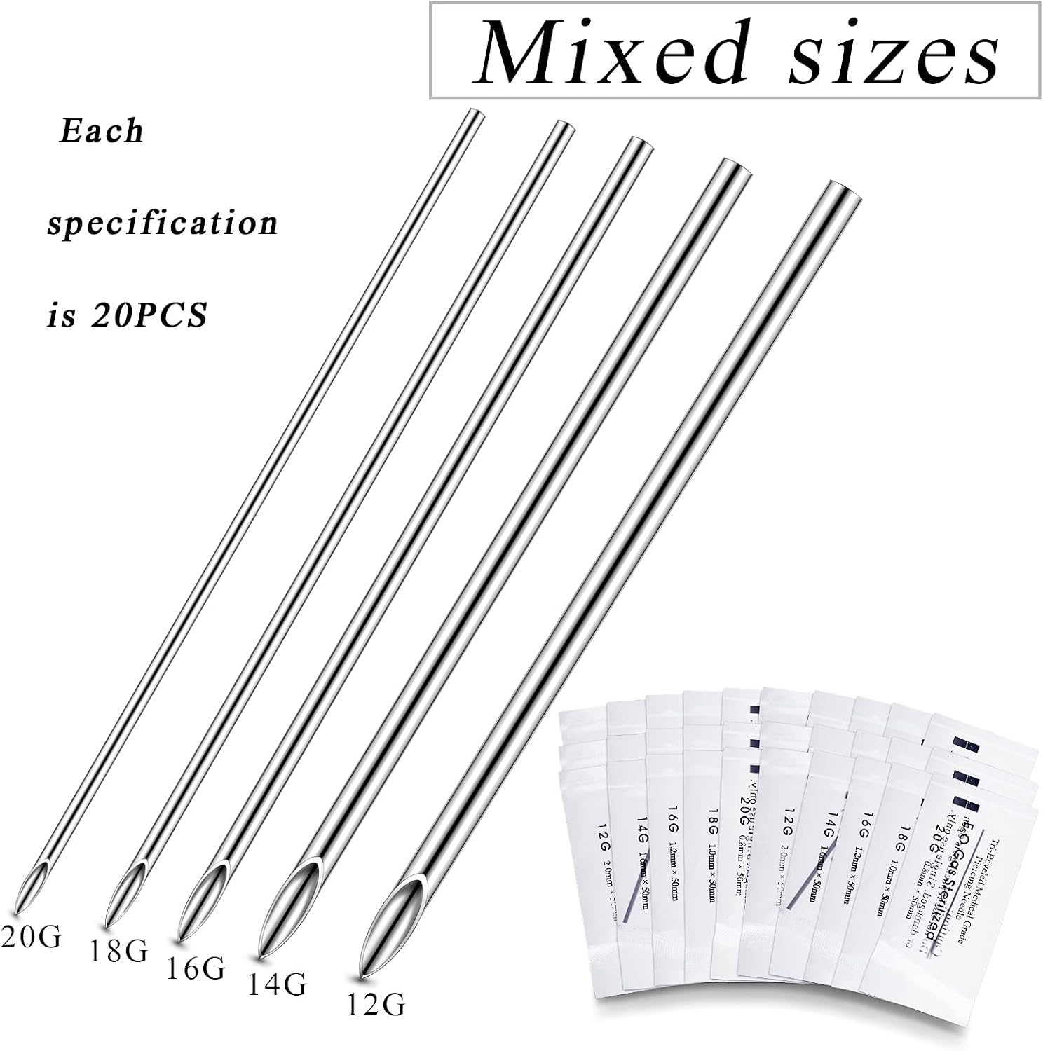 100 Pcs Ear Nose Body Piercing Needles Mix Size 12G 14G 16G 18G 20G Stainless Steel Piercing Jewelry Kit and 1 Pcs