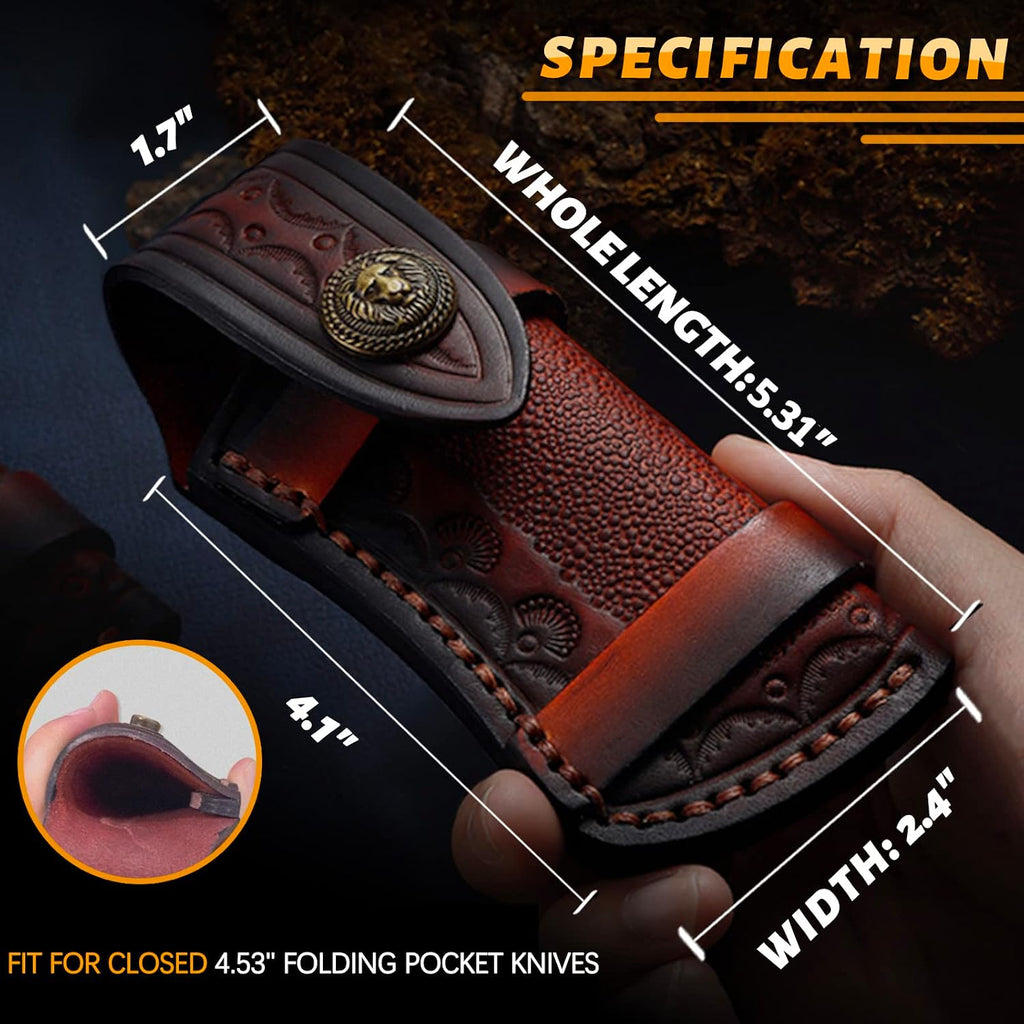 Pocket Knife Sheath, 4.53" Folding Leather Case, Horizontal Carry | Horizontal leather belt pouch, quiet metal snap