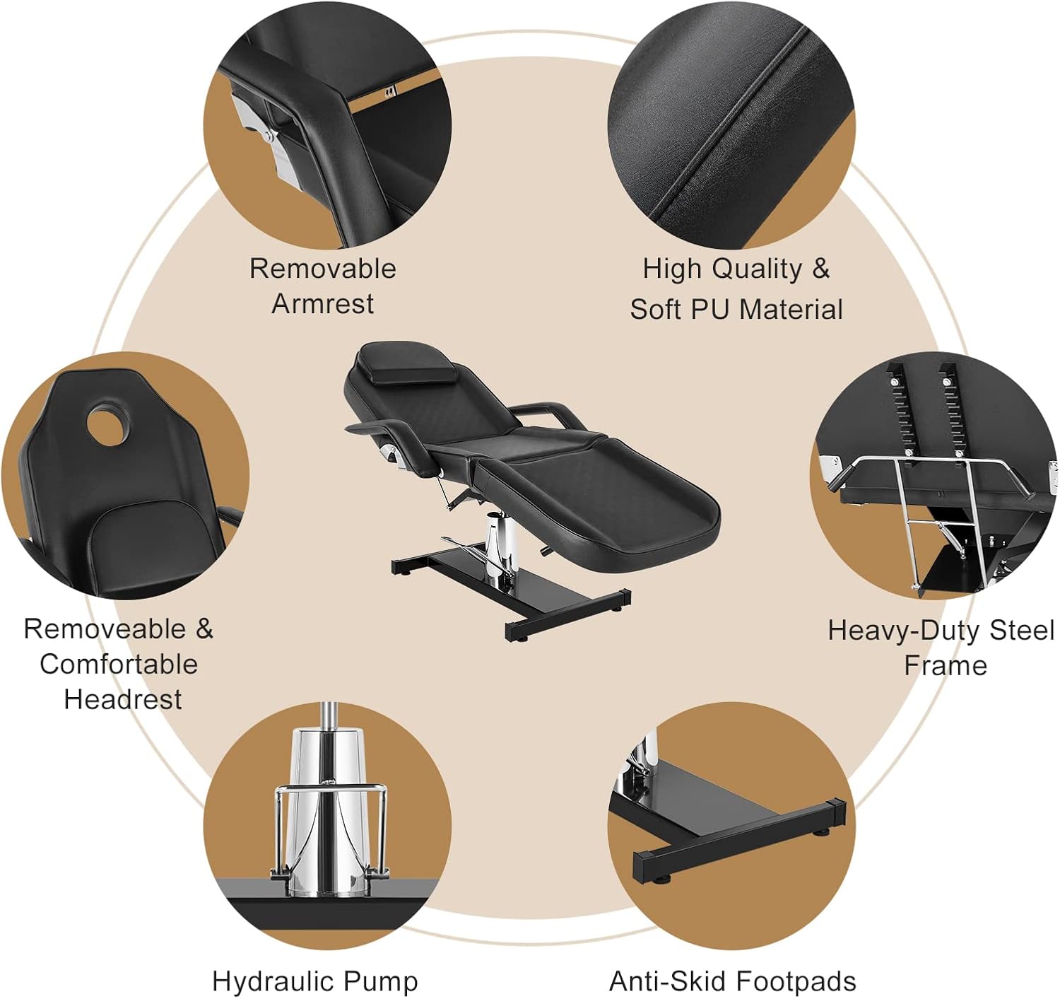 Hydraulic Tattoo Chair Esthetician Bed, Multi-Purpose 3-Section Facial Bed Table, Adjustable Beauty Salon Spa Massage