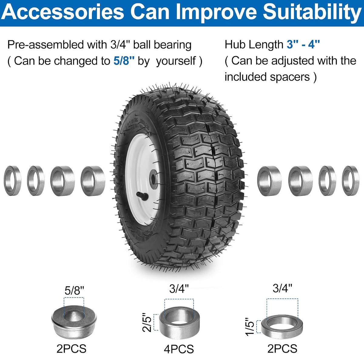 13x5.00-6 nhs Lawn Mower Tire and Wheels Tubeless with 3/4" 5/8" Bearings, 13x5x6 Zero Turn Mower Front Tires for