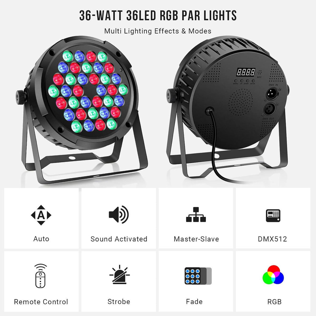 36W 36LEDs RGB Stage Par Lights by Remote DMX Control - 4Pack | Corded Electric, Sound Activated Multi Modes