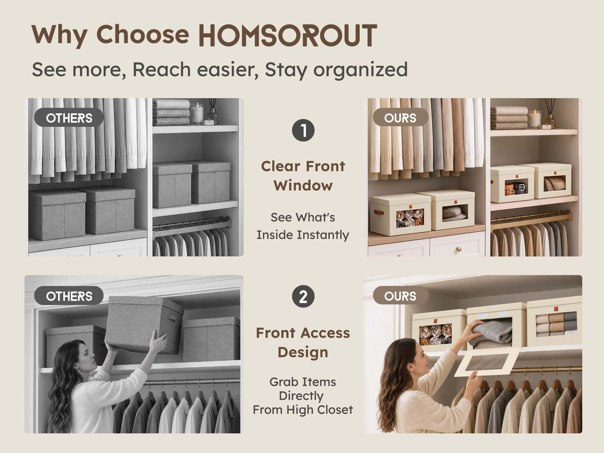 Small Closet Storage Bins - Closet Shelf Organizer with Open Window, 6 Pack, Beige