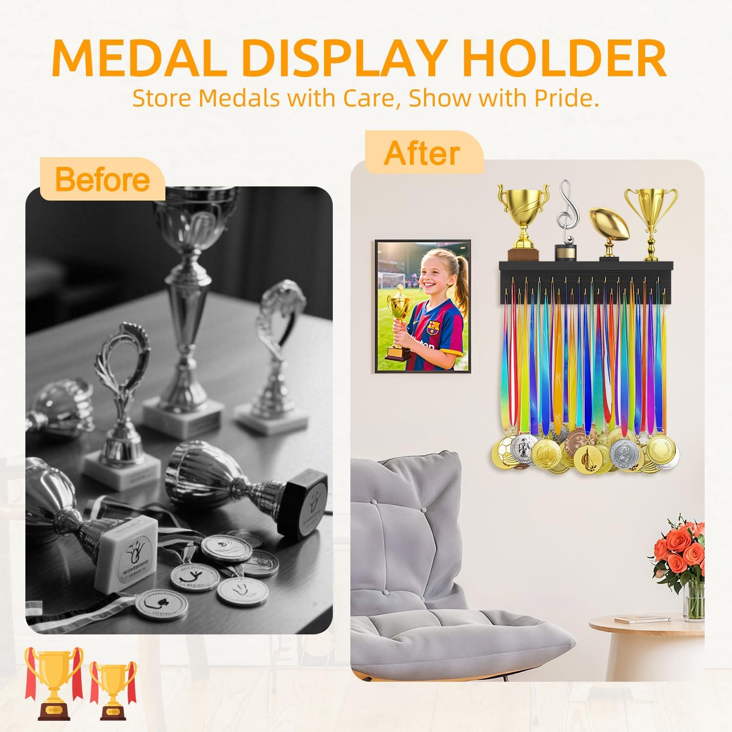 Medal Hanger Display and Trophy Shelf Organizer, Wooden Wall Mount Ribbon Holder with 25 Steel Hooks, Race Awards