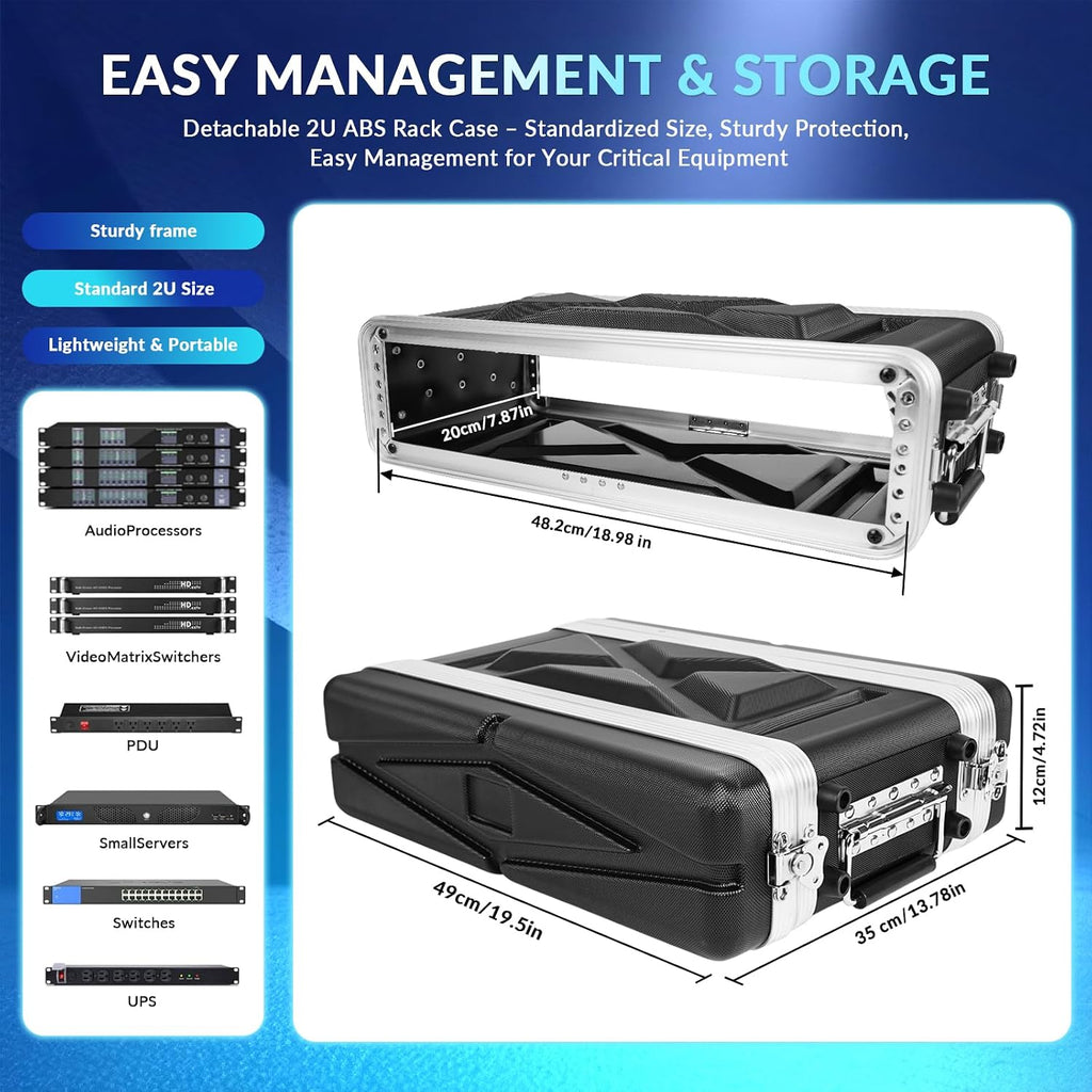 2U ABS Rack Case Shallow 8" Depth, 19" Rackmount Flight Road Travel Case,WaterproofProtective Hard Case with