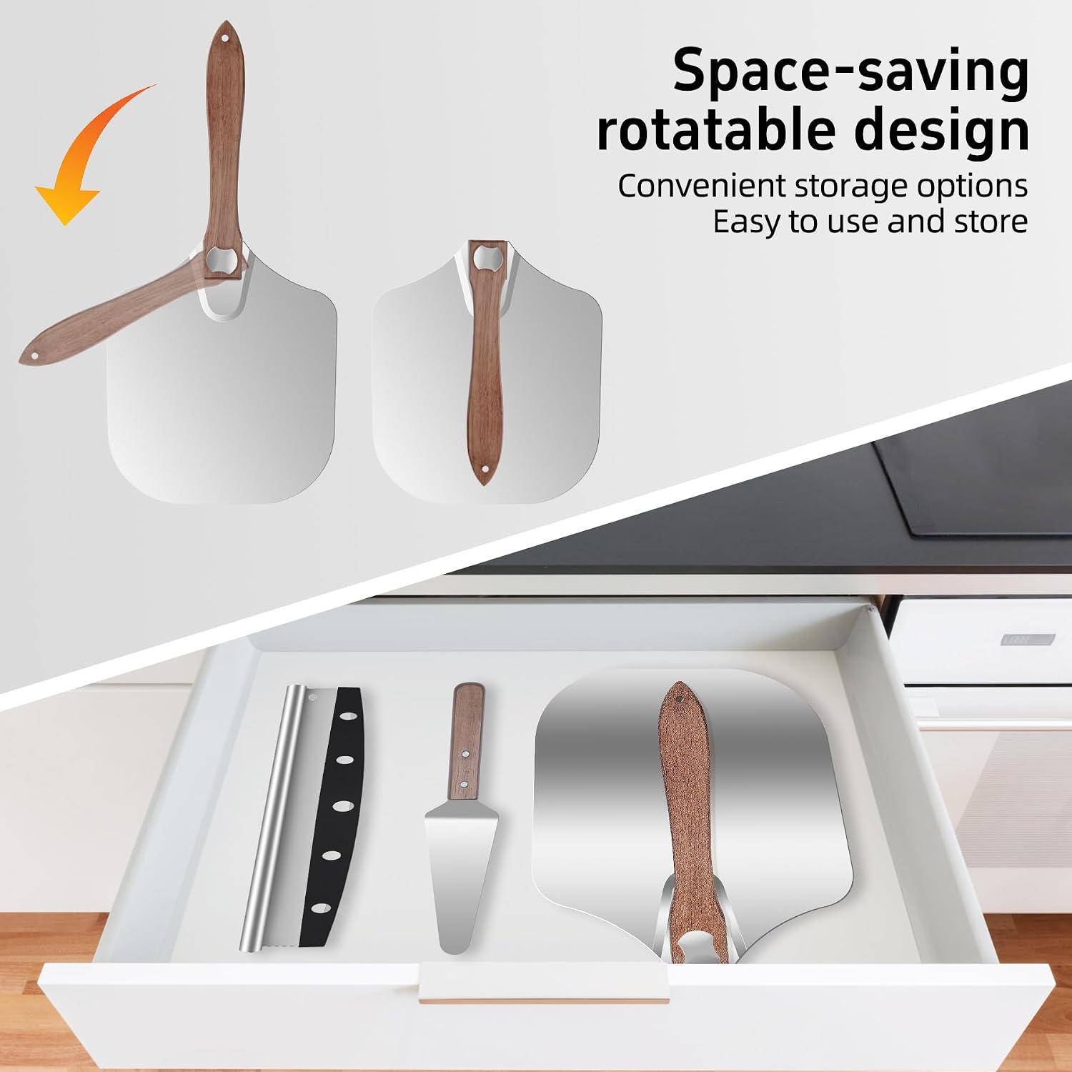 Aluminum Pizza Peel 12x14" With Foldable Wooden Handle - Metal Paddle, Rocker Cutter, and Server for Pizza Oven