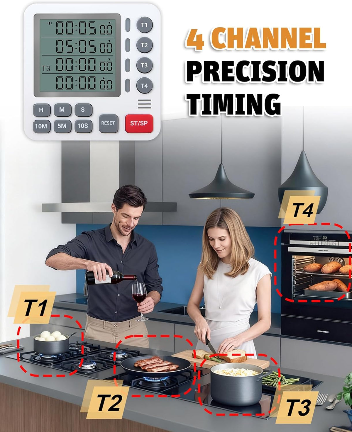 Digital Kitchen Timer - 4-Channel Cooking Timer with Alarm, Magnetic Back, Loud & Silent Modes, Count Up/Down, Ideal
